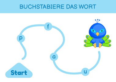Buchstabiere das wort - Kelimeyi hecele. Çocuklar için labirent. Kelime oyunu şablonu kodlanıyor. Tavus kuşunu okumayı öğren. Çocukların gelişimi için Almanca çalışmak için etkinlik sayfası. Vektör stok illüstrasyonu.