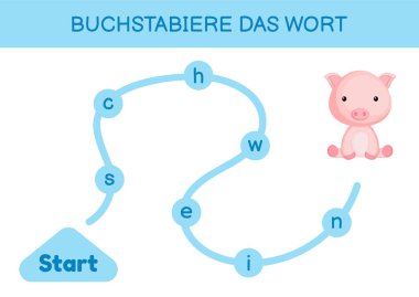 Buchstabiere das wort - Kelimeyi hecele. Çocuklar için labirent. Kelime oyunu şablonu kodlanıyor. Domuz kelimesini okumayı öğren. Çocukların gelişimi için Almanca çalışmak için etkinlik sayfası. Vektör stok illüstrasyonu.
