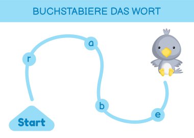Buchstabiere das wort - Kelimeyi hecele. Çocuklar için labirent. Kelime oyunu şablonu kodlanıyor. Kuzgun kelimesini okumayı öğren. Çocukların gelişimi için Almanca çalışmak için etkinlik sayfası. Vektör stok illüstrasyonu.