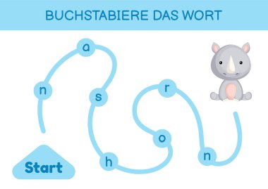 Buchstabiere das wort - Kelimeyi hecele. Çocuklar için labirent. Kelime oyunu şablonu kodlanıyor. Gergedan kelimesini okumayı öğren. Çocukların gelişimi için Almanca çalışmak için etkinlik sayfası. Vektör stok illüstrasyonu.