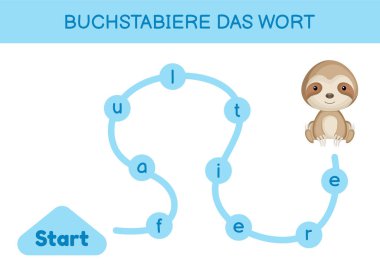 Buchstabiere das wort - Kelimeyi hecele. Çocuklar için labirent. Kelime oyunu şablonu kodlanıyor. Tembel hayvan kelimesini okumayı öğren. Çocukların gelişimi için Almanca çalışmak için etkinlik sayfası. Vektör stok illüstrasyonu.