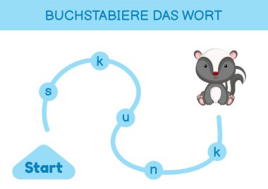 Buchstabiere das wort - Kelimeyi hecele. Çocuklar için labirent. Kelime oyunu şablonu kodlanıyor. Kokarca kelimesini okumayı öğren. Çocukların gelişimi için Almanca çalışmak için etkinlik sayfası. Vektör stok illüstrasyonu.