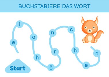 Buchstabiere das wort - Kelimeyi hecele. Çocuklar için labirent. Kelime oyunu şablonu kodlanıyor. Kelime sincabı okumayı öğren. Çocukların gelişimi için Almanca çalışmak için etkinlik sayfası. Vektör stok illüstrasyonu.
