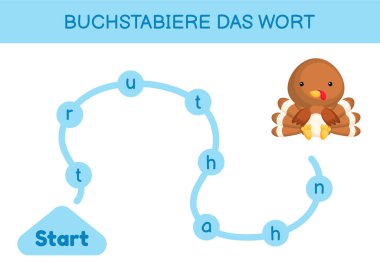Buchstabiere das wort - Kelimeyi hecele. Çocuklar için labirent. Kelime oyunu şablonu kodlanıyor. Hindi kelimesini okumayı öğren. Çocukların gelişimi için Almanca çalışmak için etkinlik sayfası. Vektör stok illüstrasyonu.