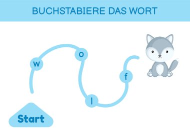 Buchstabiere das wort - Kelimeyi hecele. Çocuklar için labirent. Kelime oyunu şablonu kodlanıyor. Kurt kelimesini okumayı öğren. Çocukların gelişimi için Almanca çalışmak için etkinlik sayfası. Vektör stok illüstrasyonu.