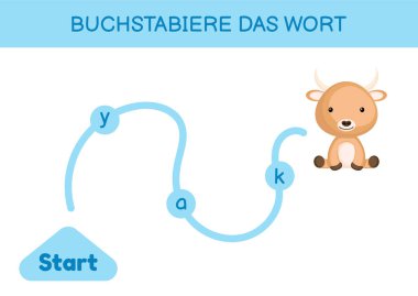 Buchstabiere das wort - Kelimeyi hecele. Çocuklar için labirent. Kelime oyunu şablonu kodlanıyor. Öküz kelimesini okumayı öğren. Çocukların gelişimi için Almanca çalışmak için etkinlik sayfası. Vektör stok illüstrasyonu.