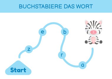 Buchstabiere das wort - Kelimeyi hecele. Çocuklar için labirent. Kelime oyunu şablonu kodlanıyor. Zebra kelimesini okumayı öğren. Çocukların gelişimi için Almanca çalışmak için etkinlik sayfası. Vektör stok illüstrasyonu.