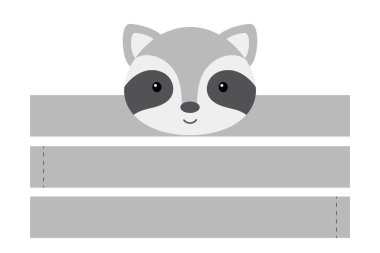 Yazdırılabilir rakun kağıt şapkası. Parti tacı ölür. Doğum günü, Noel, bebek partisi için şablon kesilir. Eğlence için eğlenceli bir aksesuar. Kağıt kaplama, beyaz arka planda izole edilmiş. Yazdır, kes ve yapıştır.