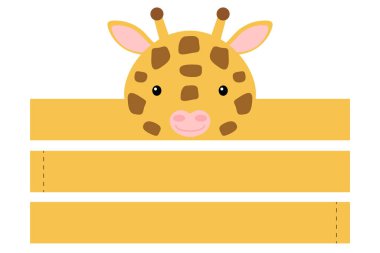 Yazdırılabilir zürafa kağıt şapka. Parti tacı ölür. Doğum günü, Noel, bebek partisi için şablon kesilir. Eğlence için eğlenceli bir aksesuar. Kağıt kaplama, beyaz arka planda izole edilmiş. Yazdır, kes ve yapıştır.