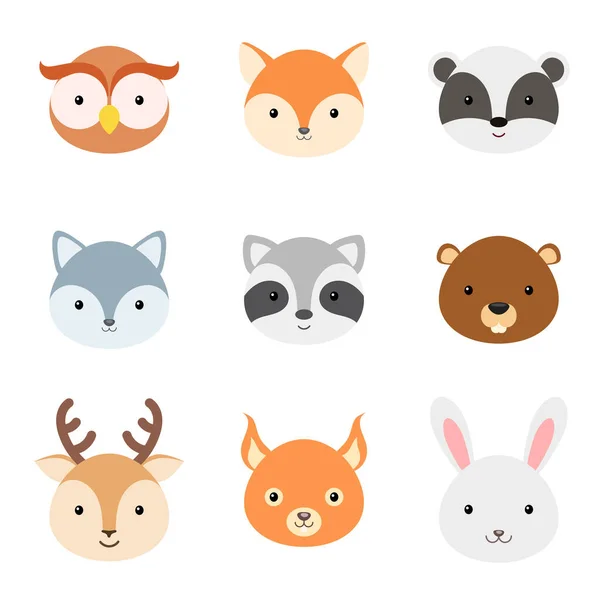 Cabeças Animais Engraçadas Caracteres Animais Desenhos Animados Woodland Para Design —  Vetores de Stock