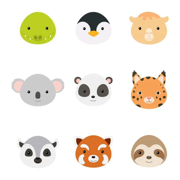 Χαριτωμένα Αστεία Κεφάλια Ζώων Άγρια Χαρακτήρες Ζώων Κινουμένων Σχεδίων Για — Διανυσματικό Αρχείο