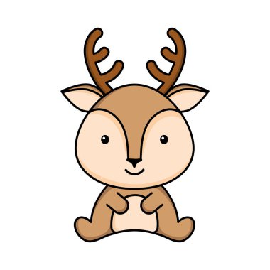 Beyaz arka planda şirin bir geyik ikonu. Albüm, albüm, albüm, tebrik kartı, davetiye, broşür, çıkartma, kart maskotu. Düz vektör stok illüstrasyonu.