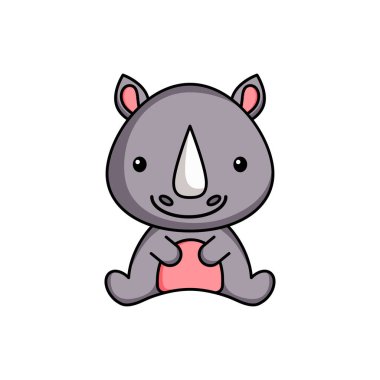 Beyaz arka planda şirin bir gergedan ikonu. Albüm, albüm, albüm, tebrik kartı, davetiye, broşür, çıkartma, kart maskotu. Düz vektör stok illüstrasyonu.