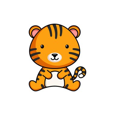 Beyaz arka planda şirin bir kaplan ikonu. Albüm, albüm, albüm, tebrik kartı, davetiye, broşür, çıkartma, kart maskotu. Düz vektör stok illüstrasyonu.