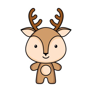 Beyaz arka planda sevimli karikatür geyik logosu şablonu. Albüm, albüm, albüm, tebrik kartı, davetiye, broşür, çıkartma, kart maskotu. Vektör stok illüstrasyonu.