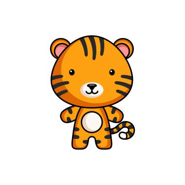 Beyaz arka planda şirin çizgi film kaplan logosu şablonu. Albüm, albüm, albüm, tebrik kartı, davetiye, broşür, çıkartma, kart maskotu. Vektör stok illüstrasyonu.