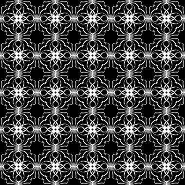 Arap süsleri ile dikişsiz oryantal desen. Siyah arka plandaki beyaz çizgiler.