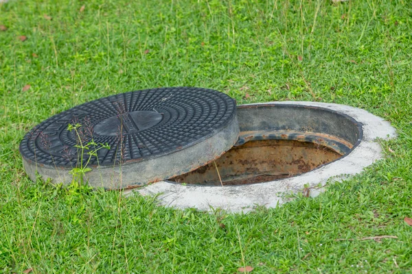 Sewer hatch with lid. Manhole cover opened. — Stock Image Sewer Hatch Lid Manhole Cover Opened Stock Image