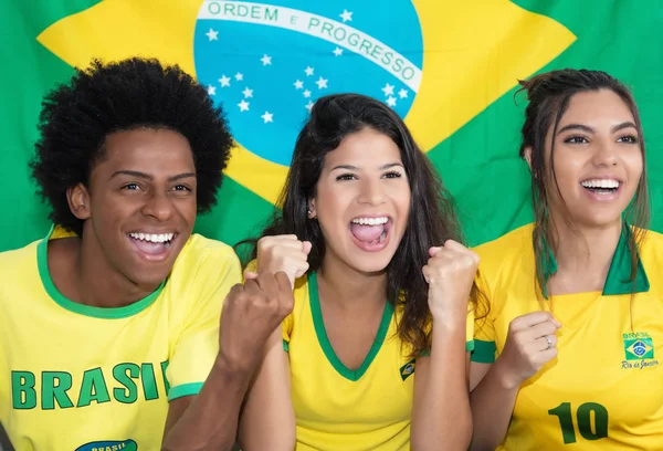 Group of three cheering brazilian soccer fans with flag and jerseys from Brazil