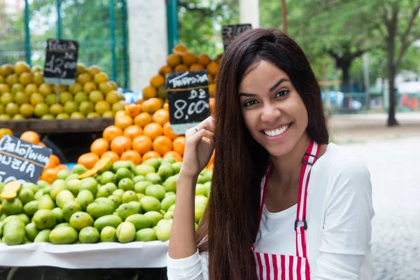 Mujer Latinoamericana Vendiendo Frutas Aire Libre Mercado Agricultores — Foto de Stock