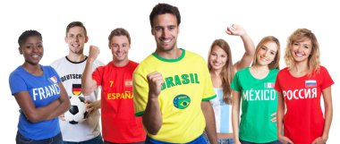 Brezilya futbol taraftarı için izole beyaz zemin üzerine diğer ülkelerden hayranları ile tezahürat kes şunu