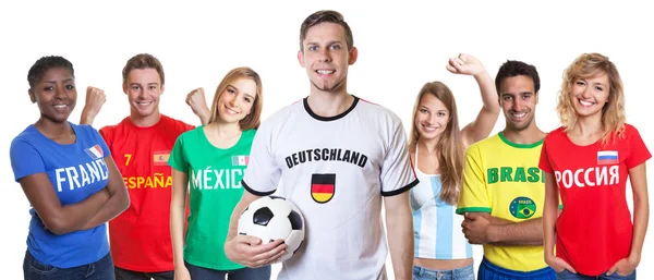 Tysk Fotboll Supporter Med Bollen Och Fans Från Andra Länder — Stockfoto