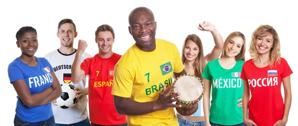 Tifoso Calcio Brasiliano Con Tamburo Tifosi Provenienti Altri Paesi Sfondo — Foto Stock