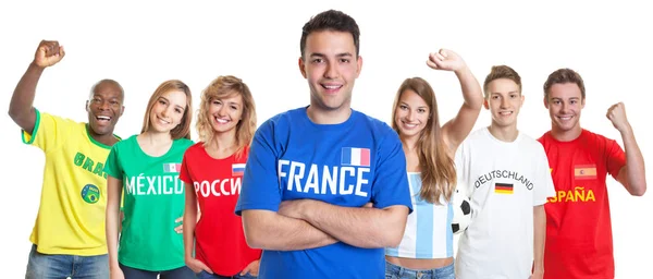 Franse Voetbal Fan Met Gekruiste Armen Fans Uit Andere Landen — Stockfoto