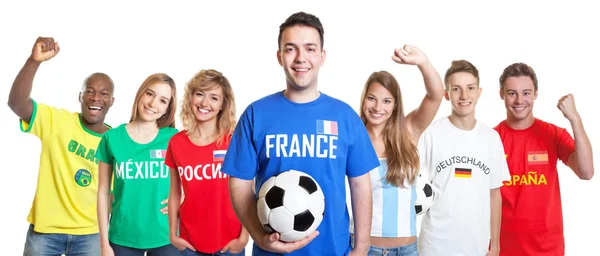 欢快的法国足球球迷与球和球迷从其他国家在孤立的白色背景切割出 — 图库照片