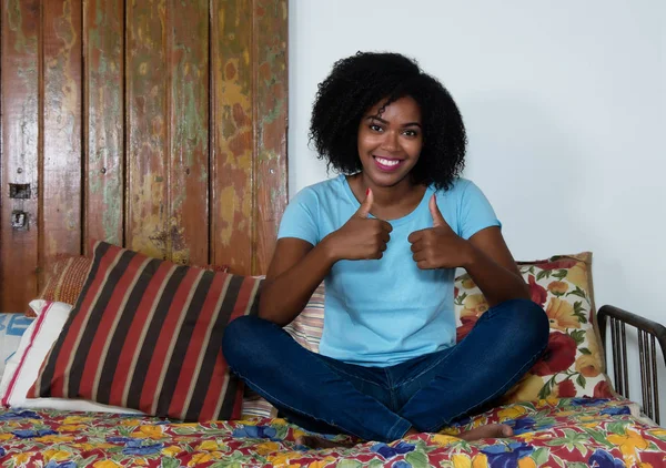 Beautiful African American Woman Laughing Showing Both Thumbs — Stock Photo, Image