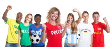 Güzel Rus futbol destekçisi izole beyaz zemin üzerine diğer ülkelerden hayranları için dışarı kesim ile