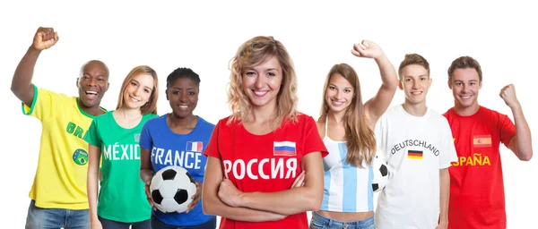 Riendo Partidario Del Fútbol Ruso Con Fans Otros Países Sobre — Foto de Stock