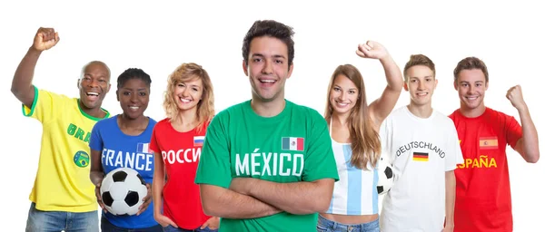 Futbolista Mexicano Con Brazos Cruzados Abanicos Otros Países Sobre Fondo — Foto de Stock