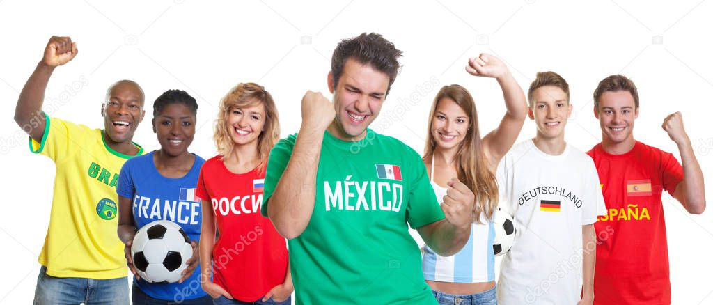 Cheering mexican soccer supporter with fans from other countries on isolated white background for cut out