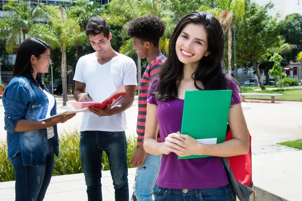 Caucasian Female Student Group Other International Students Outdoor Campus Unniversity — Stock Photo, Image