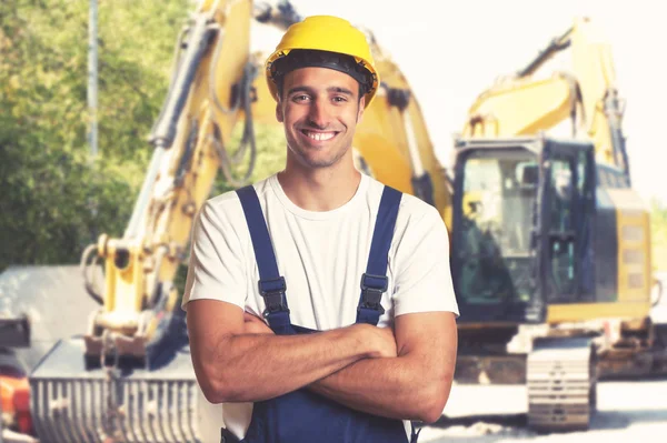 Transportador Tierra Amarillo Con Fuerte Trabajador Construcción Latinoamericano Obra Construcción — Foto de Stock