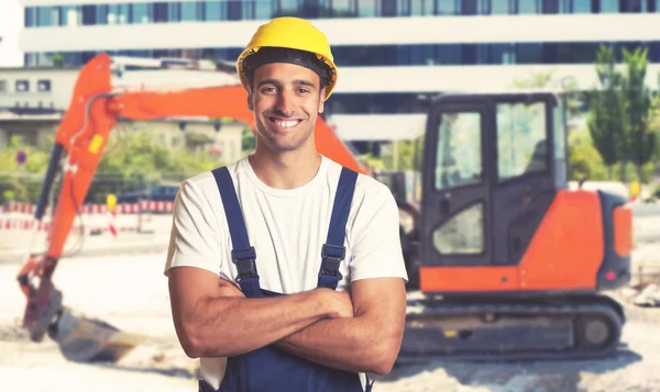 Red Earthmover Strong Latin American Construction Worker Construction Site — Stock Photo, Image