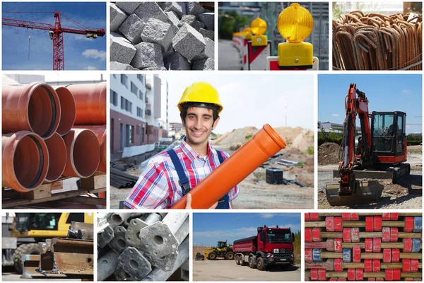 Construction worker with pipe and construction site photos in collection