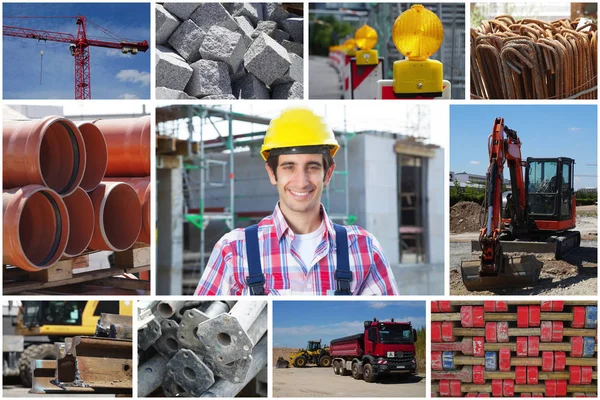 Portrait of construction worker with construction site photos in collection