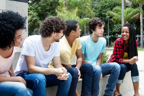 Gran Grupo Jóvenes Adultos Internacionales Discusión Aire Libre Verano —  Fotos de Stock