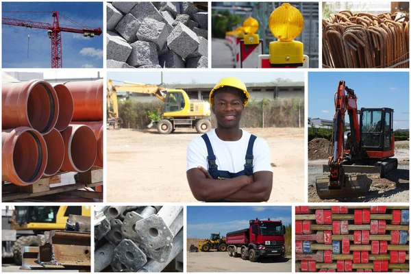 Trabalhador Construção Afro Americano Permanente Com Fotos Canteiro Obras Coleção — Fotografia de Stock