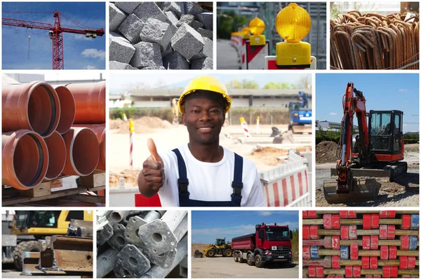 Trabalhador Construção Afro Americano Otimista Com Fotos Canteiro Obras Coleção — Fotografia de Stock