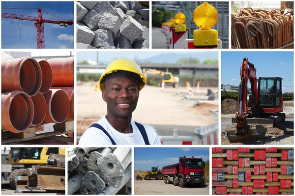 Trabalhador Construção Afro Americana Rindo Com Fotos Canteiro Obras Coleção — Fotografia de Stock