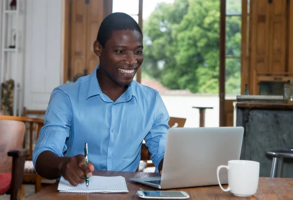 African American Man Working Computer Home Desk — Stock Photo, Image