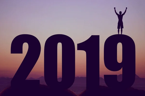 New Year 2019 Silhouette Cheering Man Symbol Success Sunset — Stock Photo, Image