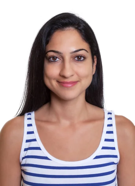 Imagem Passaporte Uma Mulher Turca Sorridente Uma Camisa Listrada Fundo — Fotografia de Stock
