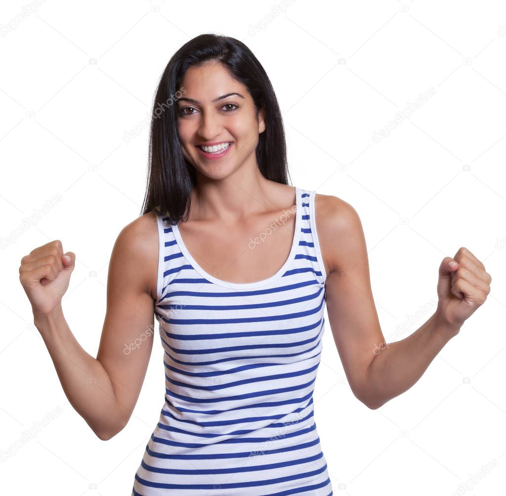 Happy turkish woman in a striped shirt on an isolated white background for cut out