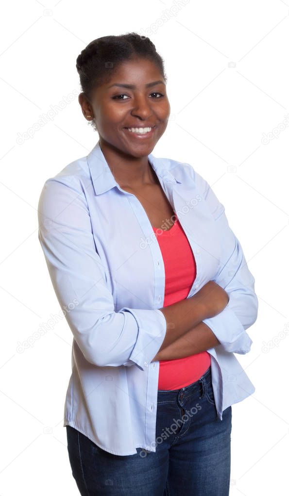 African woman with casual clothes and crossed arms on isolated white background for cut out