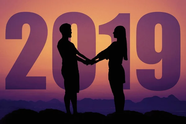Silueta Pár Lásky Při Západu Slunce Nový Rok 2019 Jako — Stock fotografie