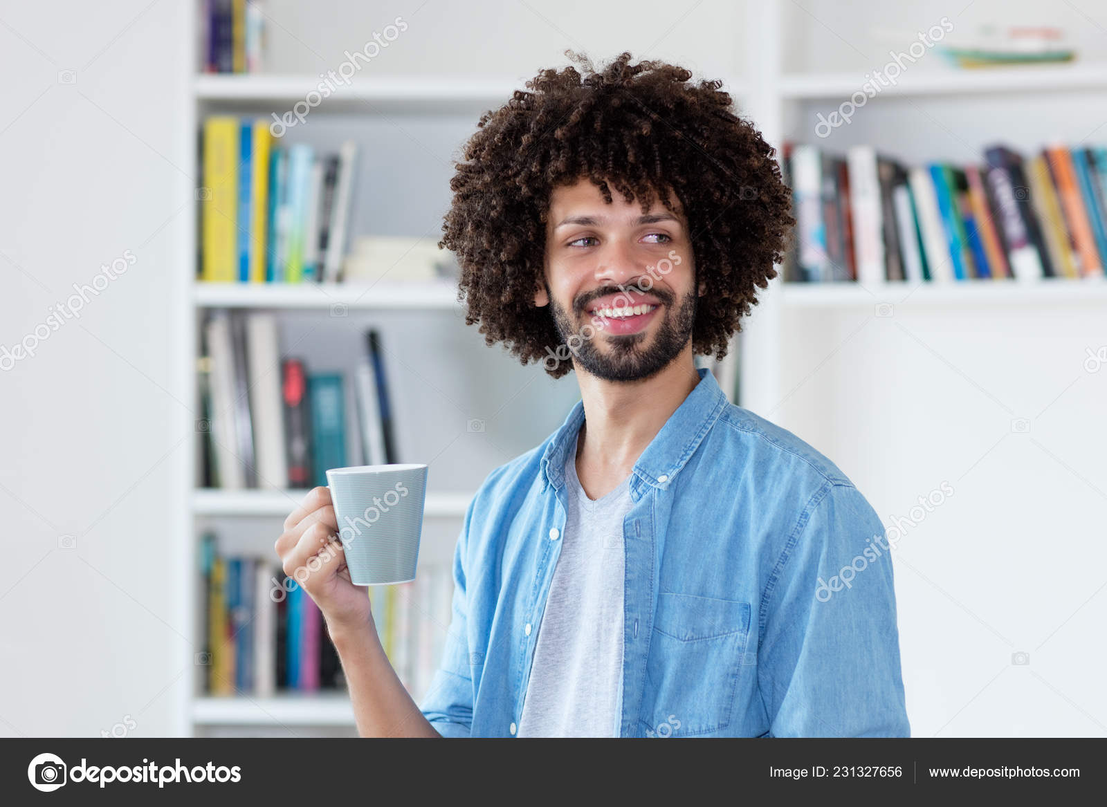 Hipster Man Afro Hair Relaxing Drinking Coffee Indoor Home Stock